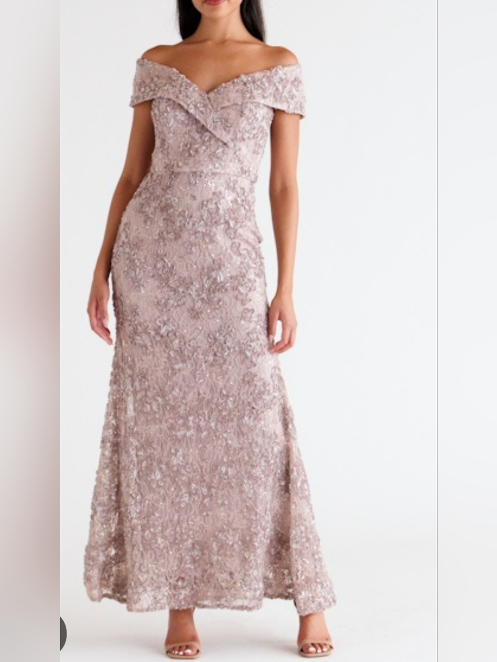 Xscape Off-Shoulder Embellished Evening Gown in Dusty Rose